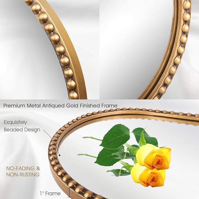 Oval Full Length Mirror, 16"x47" Metal Beaded Frame Large Hanging Dressing Floor Mirror for Bedroom, Living Room, Entryway, Antique Gold (No Stand)