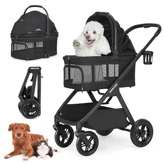 X-5 Luxury Pet Stroller for Medium Dog Under 55lbs or 2 Small Dogs & Cats, One-Touch Folding, Adjustable Handle, Detachable Carrier and Inflatable Wheels (Black & Net Wall)
