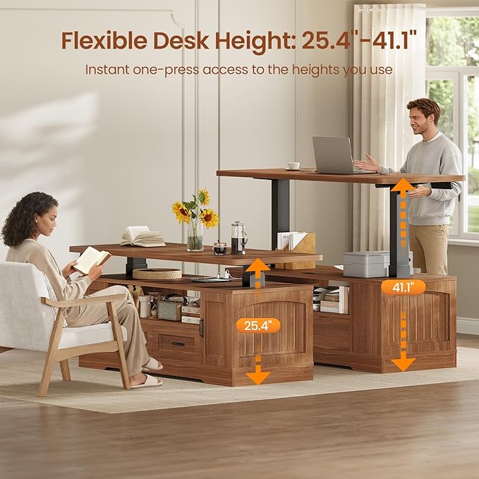 SEDETA 47.2" Electric Standing Coffee Table with Storage, Farmhouse Lift Top Coffee Table with Drawers and Open Shelves, Height Adjustable Tables with Power Outlet, for Living Room, Brown