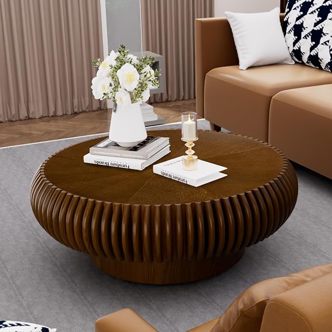 Round Drum Coffee Table for Living Room, Mid Century Modern Coffee Table with Sturdy Pedestal, Farmhouse Fluted Circle Center Table Accent Tea Table for Apartment (31.5" Walnut)
