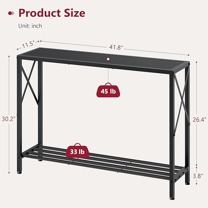 Tajsoon Console Table, 2-Tier Entryway Table, 41.8”L Narrow Sofa Tables with Shelves, Behind The Couch, for Entrance, Hallway, Living Room, Foyer, Corridor, Office, Black