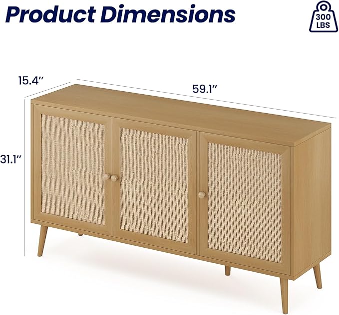 59" Rattan-Door Sideboard Cabinet with Shelf, 3-Door TV Stand Credenza Buffet with Generous Storage, Modern Accent Cabinet for Living Room & Kitchen, Natural Oak