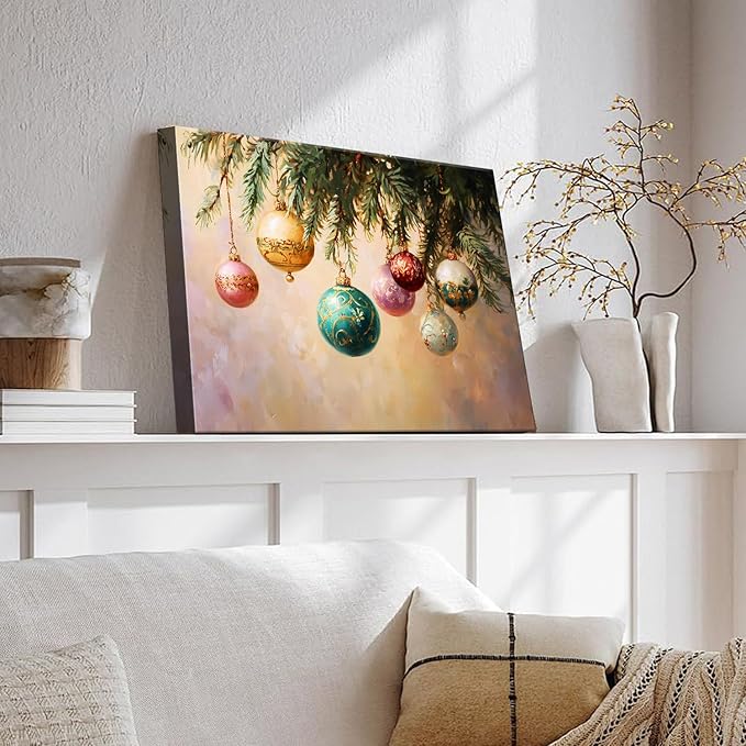 Vintage Holly Garland Christmas Canvas Wall Art - Rustic Christmas Wall Decor Framed Canvas Prints for Living Room & Office, Timeless Christmas Gifts & Winter Wall Decor