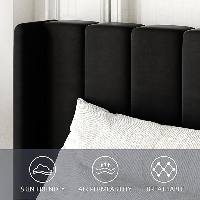 Full Size Bed Frame with Upholstered Wingback Headboard, Easy Assemnly Platform Bed, Wooden Slat Support No Box Spring Needed, Black