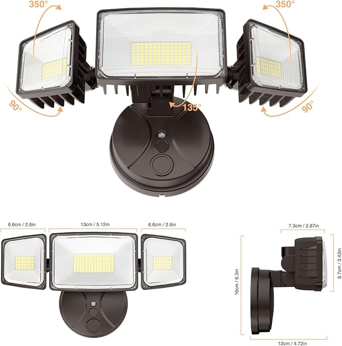 Onforu 80W 9000LM Flood Lights Outdoor, Brightness Security LED Flood Lights with 3 Adjustable Heads, Switch Controlled, IP66 Waterproof 6500K Outside Exterior Flood Light for Yard Garage Eave Patio