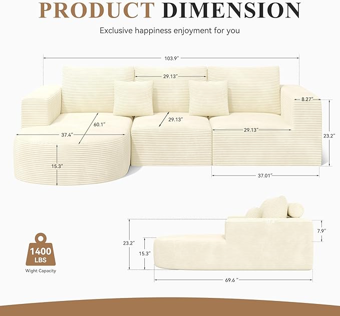 Modular Sectional Sofa with L-Shape Chaise,Cloud Sectional Modern Sleeper Couch with Deep Seat,Sponge Compression Sofas No Assembly Required (Beige-Corduroy Fabric)