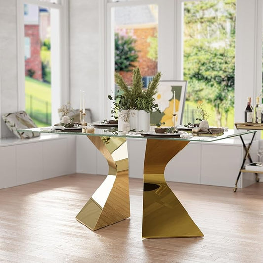 63in Gold Dining Table, Rectangular Glass Dining Table for 4-6 with Waved Legs in Polished Gold Chrome Finish, for Luxury Kitchen, Dining Room, Living Room,Apartment