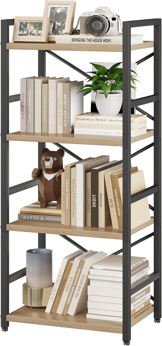 Bookshelf, Kid's Bookshelf, 4 Tier Small Bookcase, Metal Small Bookcase, Book Shelf Organization and Storage for Living Room, Bedroom, and Home Office (Light Coffee)