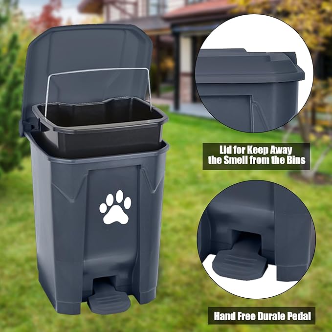 tebiete Dog Poop Trash Can Outdoors Pet Waste Station with Lid Dog Waste Disposal Container with Removable Inner Bin Bucket Hands-Free Pedal Garden Yard Home with Waste Bags, Grey