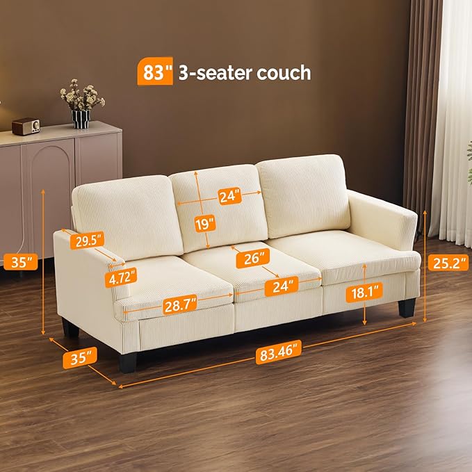 VINGLI Beige 83" Sofa Couches for Living Room, Corduroy Modern Comfy 3 Seater Couch 25.6" Deep Seat Upholstery Cozy Sofas for Small Space, Bedroom, Apartment, Home Office