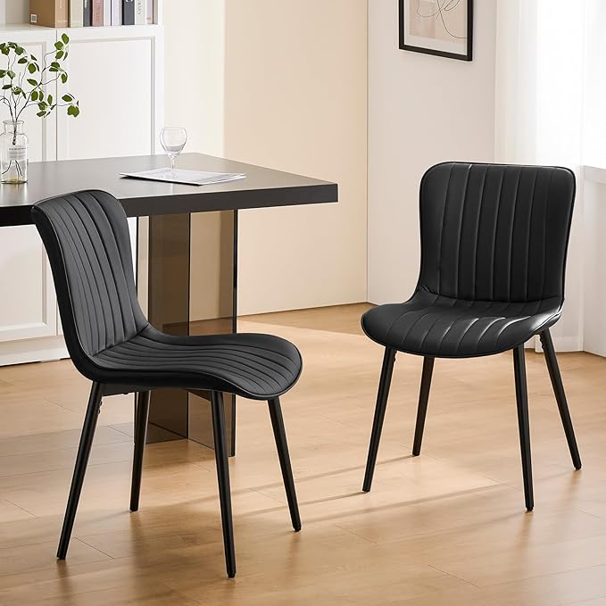Modern Black Dining Chairs Set of 2, Heavy Duty Upholstered Side Chairs with Faux Leather, Comfortable Cushions & Durable Metal Legs with Adjustable Feet, Perfect for Kitchen, Dining Room