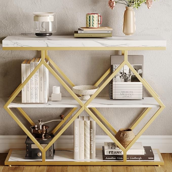 Garvee 3-Tier Entryway Table, Industrial Console Sofa Table with Storage, Accent Table with Open Shelves, Diamond-Shaped Metal Frame, Foyer Table for Entryway, Hallway, White