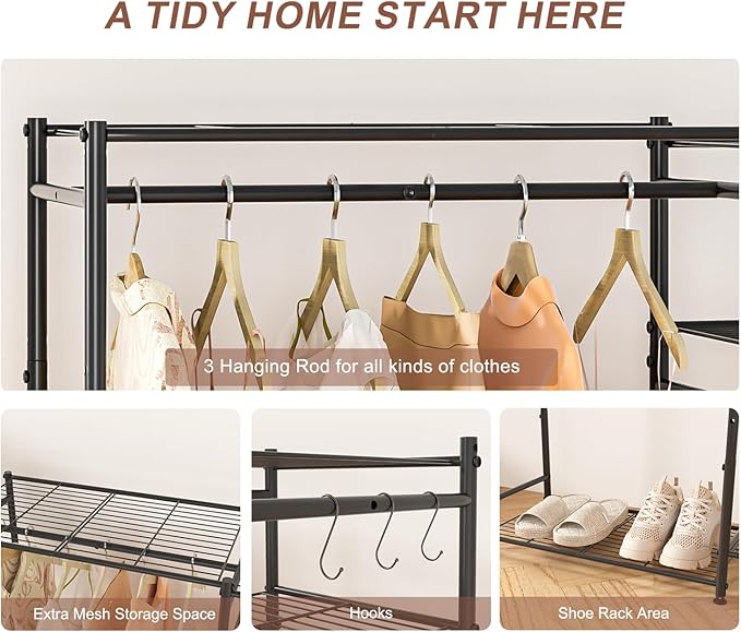 Neprock Portable Closets for Hanging Clothes, Freestanding Clothing Rack with 3 Hang Rods & 5 Shelves, Metal Wardrobe Garment Rack for Bedrooms