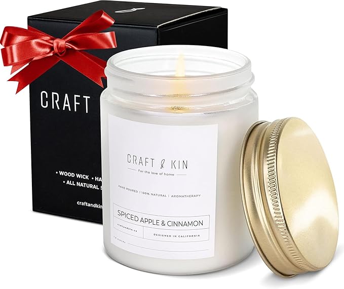 Craft & Kin Apple and Cinnamon Christmas Scented Candles | 8 Oz, 45-Hour Long Lasting | Classic Soy Winter Candle with Wood Wick | Made with Natural Soy | Holiday Candles Gifts for Men and Women