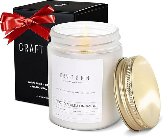 Craft & Kin Apple and Cinnamon Christmas Scented Candles | 8 Oz, 45-Hour Long Lasting | Classic Soy Winter Candle with Wood Wick | Made with Natural Soy | Holiday Candles Gifts for Men and Women