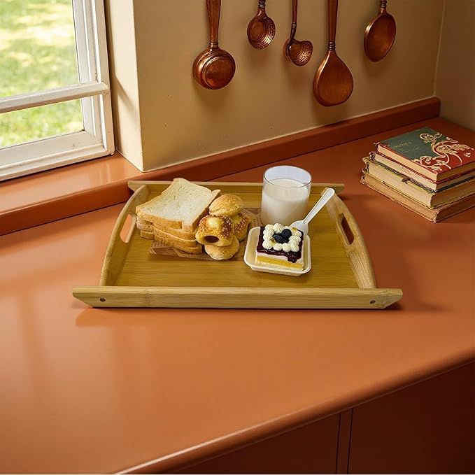 Bamboo Serving Tray Rectangle Platter Breakfast Dinner Food Bed Tray for Eating Kitchen Restaurants (1, 17.3" x 11.8" x 1.2" (with Handle))