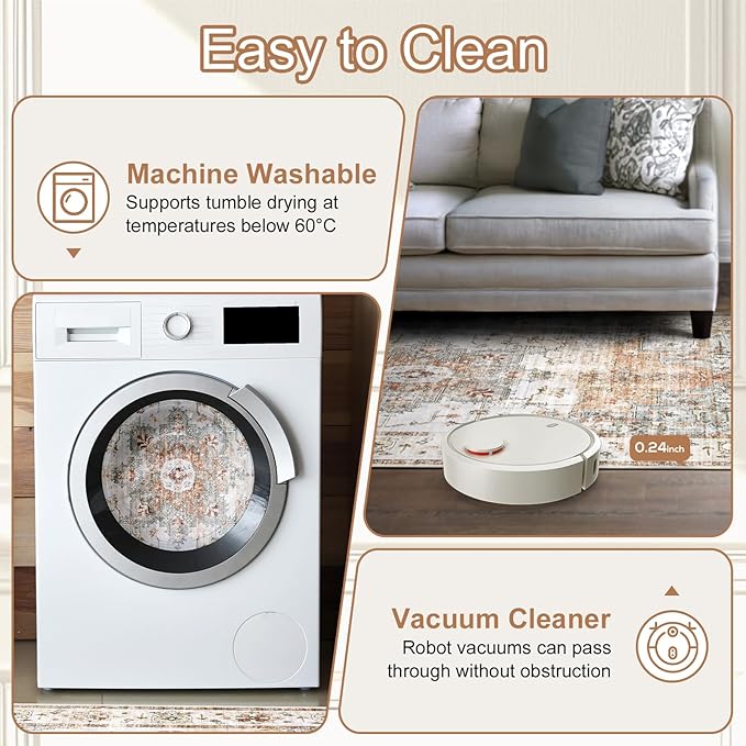 Area Rugs for Living Room 10x14 - Extra Large Machine Washable Vintage Oriental Soft Rug, Low Pile Thin Carpet with Non Slip Backing for Bedroom, Dorm, Dining Room, Indoor House, Office