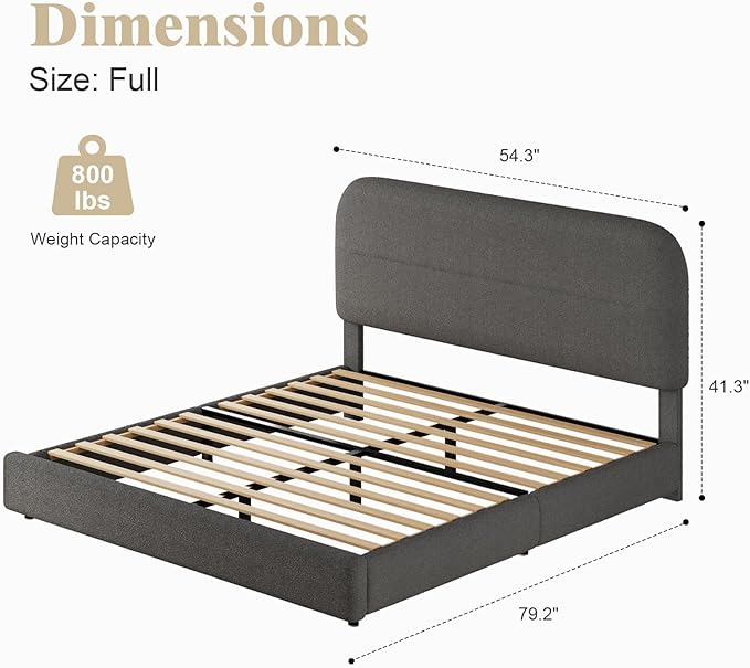 HOMBCK Full Size Boucle Bed Frame, Soft Upholstered Bed Frame with Headboard, Thickened Footboard, Rounded Corners, No Box Spring Needed, Easy Assembly, Grey
