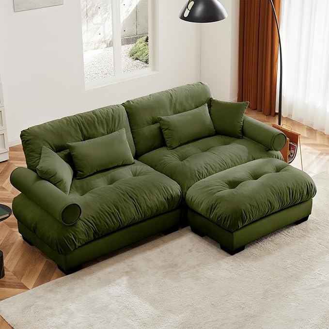 93.7" Loveseat Sofa, 2 Seater Modular Sectional Sofa, Olive Large L Shaped Sectional Couches for Living Room, Fluffy Couch, Love Seat, Velvet Cloud Couch with Ottoman, Deep Seat Sofas for Living Home
