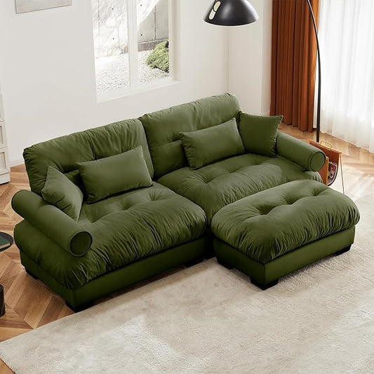 93.7" Loveseat Sofa, 2 Seater Modular Sectional Sofa, Olive Large L Shaped Sectional Couches for Living Room, Fluffy Couch, Love Seat, Velvet Cloud Couch with Ottoman, Deep Seat Sofas for Living Home