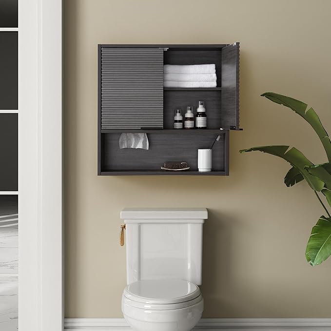 Bathroom Storage Cabinet with Motion Sensor LED Light, Wooden Medicine Cabinet Wall Mounted Cupboard with Disposable Face Towels Hole, Over Toilet Storage Cabinet and Adjustable Shelf (Grey)