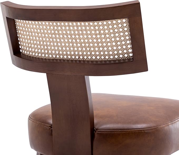 Modern Rattan Back Dining Chairs Set of 2 Rattan Kitchen Chairs PU Leather Upholstered Side Chairs, Modern Kitchen Armless Solid Wood Dining Chairs, Brown