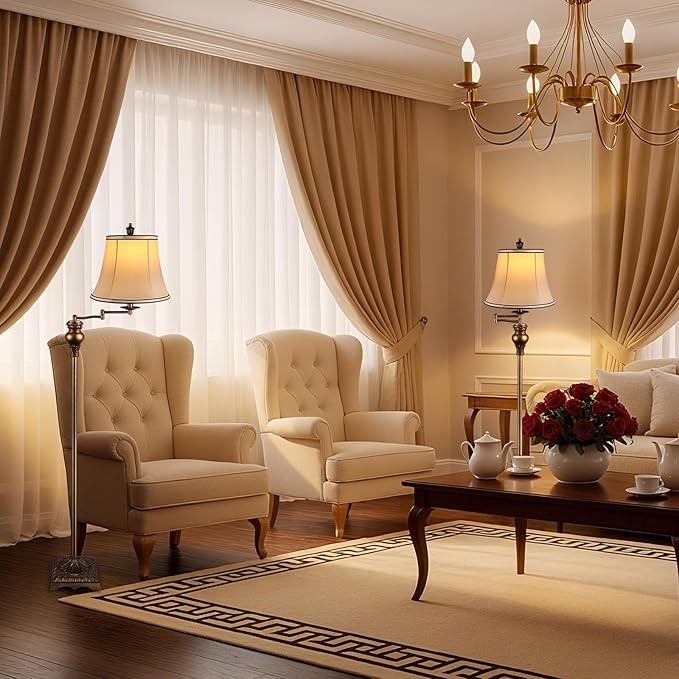 PARTPHONER Vintage Floor Lamps for Living Room,Traditional 350° Adjustable Swing Arm Farmhouse Floor Lamp for Bedroom, Rustic Standing Lamp Pole Lamps for Reading, Home Décor and Office,Bronze Gold