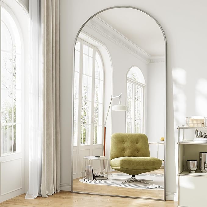 Oversized Full Length Mirror, 35"x78" Large Arched Floor Mirror Full Length with Stand, Room Decor Big Full Body Mirror with HD Tempered Glass Aluminum Frame for Bedroom Living Room, Silver