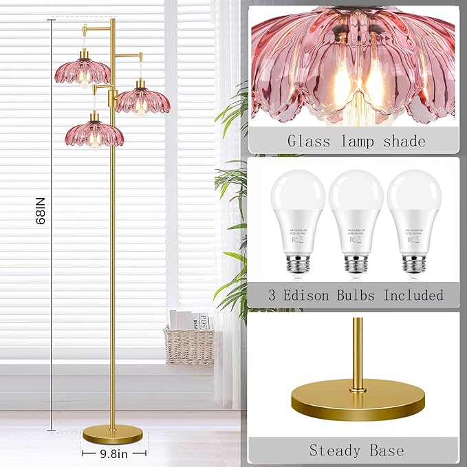 Vintage Floor Lamps for Living Room-3 Light Gold Dimmable Floor Lamp with Three Bulbs & Glass Lampshape, Mid Century Modern Standing Lamp Tree Tall Flower Floor Lamp for Bedroom Living Room,Corner