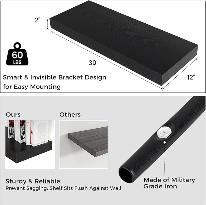 Floating Shelves for Wall, 30" W x 12" D x 2" H, 2 Pack of Long Wall Mounted Engineered Wood Shelves with Invisible Brackets for Living Room, Bedroom, Bathroom, Kitchen Decor, Black