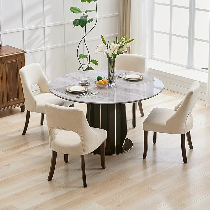 UVV Wooden Dining Chairs Set of 4, Mid Century Modern Fabric Upholstered Dining Room Chair Kitchen Chairs, Farmhouse Dinner Chair with Solid Wood Legs for Kitchen Dining Room, Beige