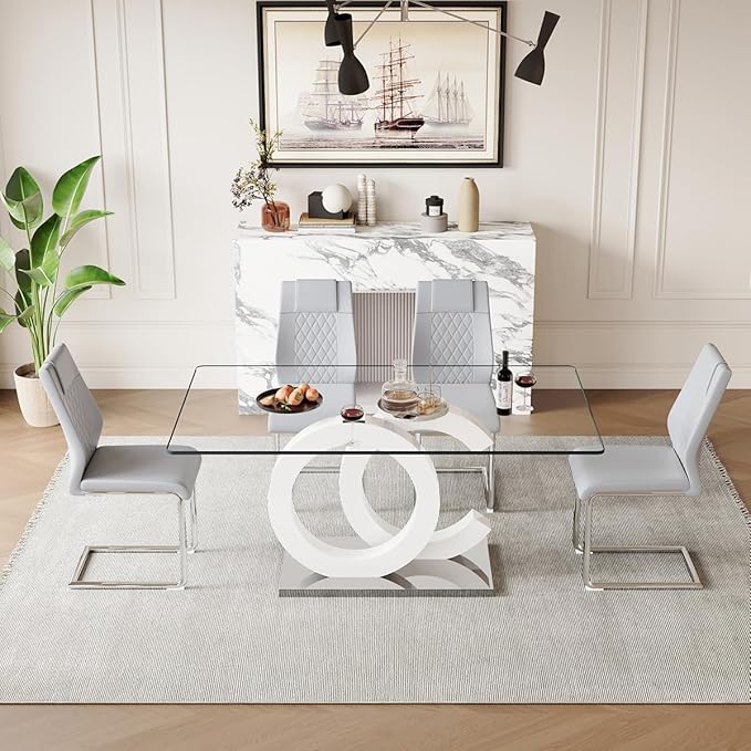 63'' Glass Dining Table Set for 4, Kitchen Table Chairs Set of 4, Clear Glass Dining Table with White unique design Leg and Silver Metal Base, 4 PU Dining Chairs with Metal Legs, Living Room, Kitchen.