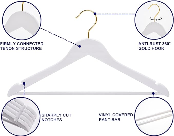 Amber Home 20 Pack Solid Wood Suit Coat Hangers, Smooth White Finish Wooden Dress Hangers with Non Slip Pant Bar, Clothes Hangers with Gold Hook & Notches for Jacket, Pant, Shirt (White+Gold, 20)