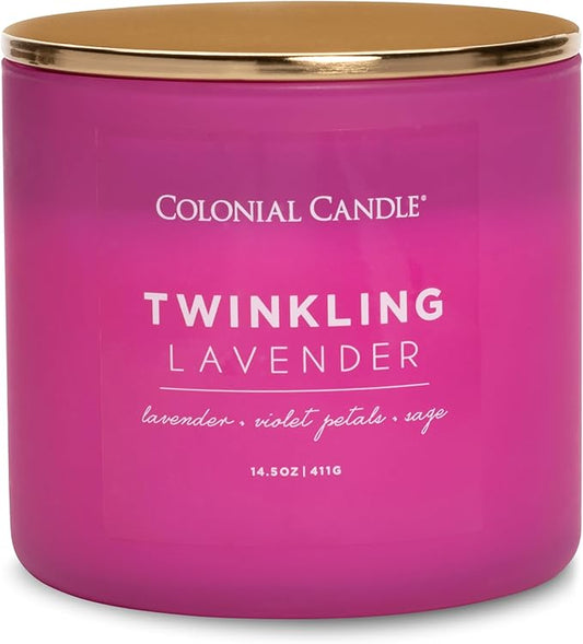 Colonial Candle Pop of Color Twinkling Lavender 14.5 Oz Scented Matt Glass Jar Candle, Three Premium Cotton Wicks