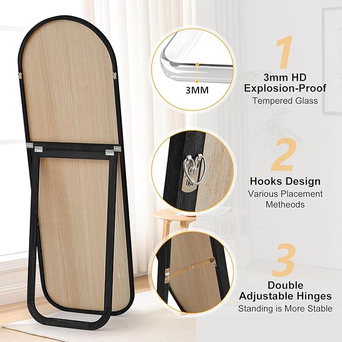 Arched Full Length Mirror with Solid Wood Frame & Rattan Panel, 64"x21" Rustic Wall Mounted Floor Mirror - Free Standing, Leaning Against Wall, Wall-Mounted for Bedroom Living Room (Black)