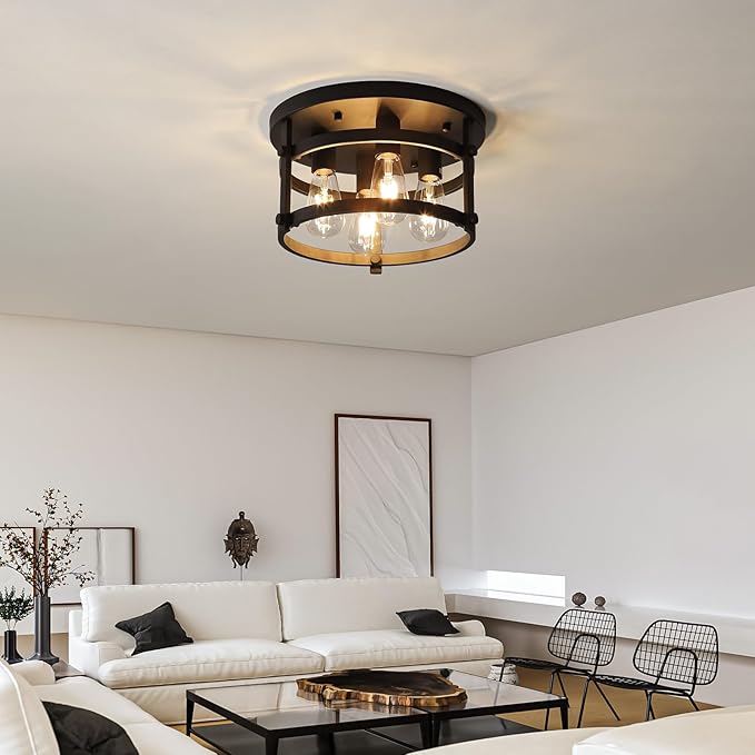 4-Light Retro Farmhouse Flush Mount Round Vintage Metal Ceiling Light Fixtures, Rustic Ceiling Lamp for Kitchen Island Hallway Entryway Bedroom Dining Room, E26 Bulbs, 13.78"