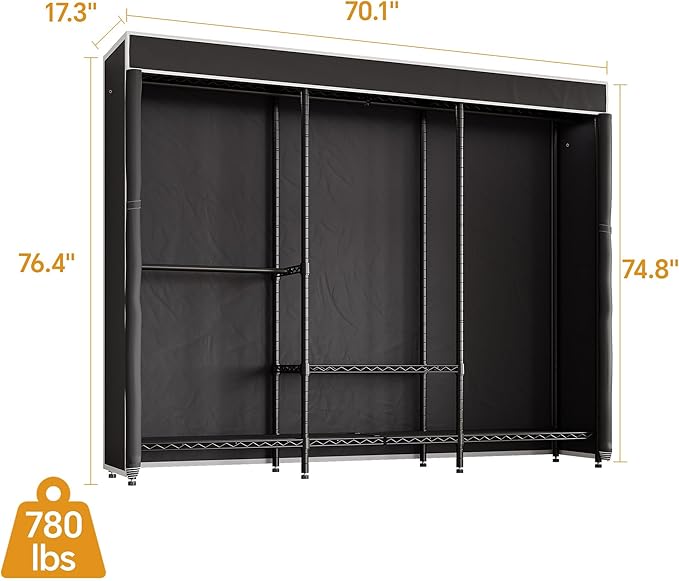 H8 Garment Rack with Cover, Portable Closet for Hanging Clothes, Heavy Duty Clothes Rack Wardrobe Closet Organizer and Storage, Black Clothing Rack Shelf with Black Fabric Cover