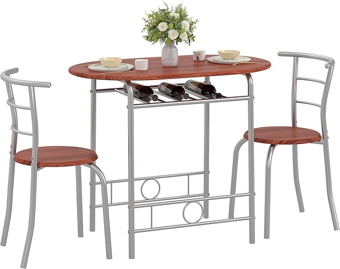 VECELO 3-Piece Dining Table Set for Kitchen Breakfast Nook, Wood Grain Oval Tabletop and Metal Frame with Built-in Wine Rack, for Small Spaces, Brown & Silver