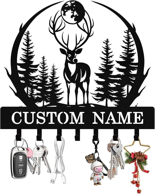 Personalized Deer Forest Key Holder Wall Mount, Custom Metal Key Holder for Wall with Name, Custom Keys Rack Hanger with Hooks for Entryway, Front Door, Hallway, Living Room, Kitchen