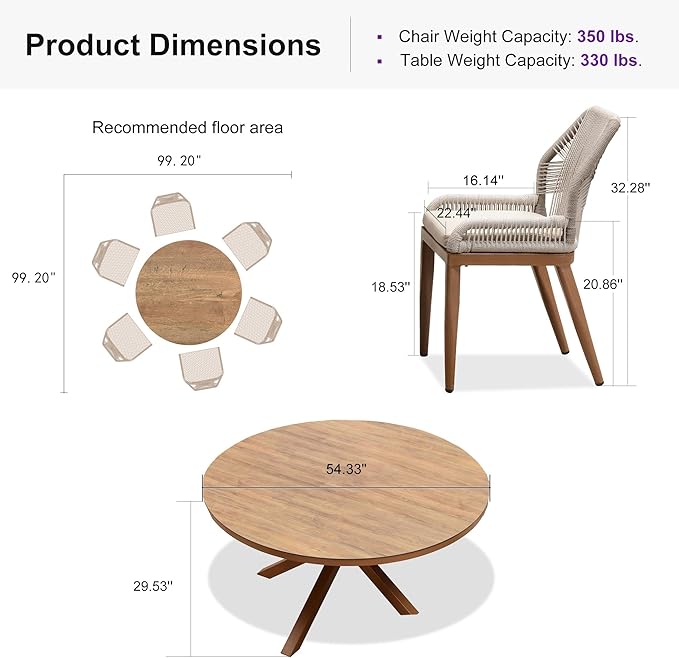 PURPLE LEAF 7 Pieces Round Dining Set Patio Aluminum Modern Round Table and Wicker Chairs with Cushions for Kitchen Backyard Garden Outdoor Furniture Sets