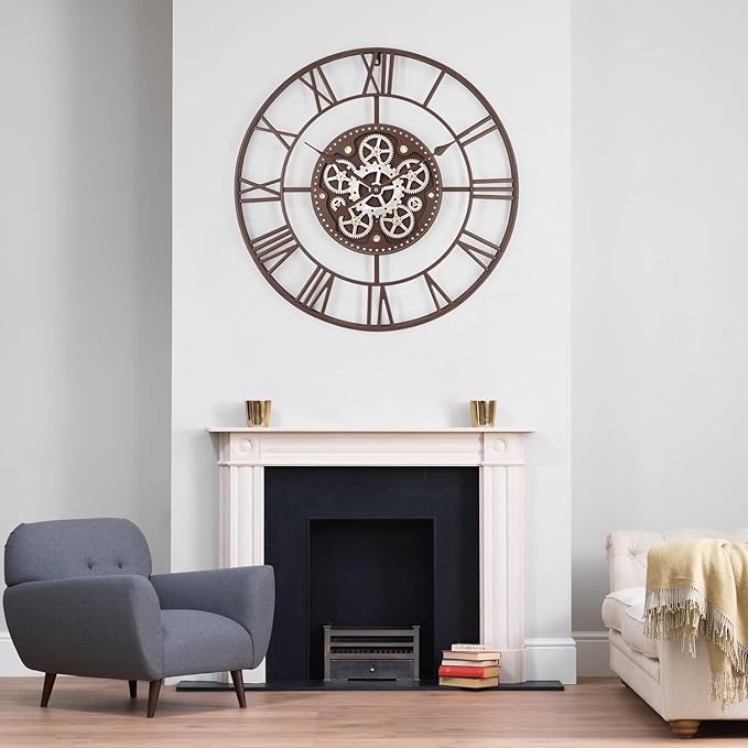 24 Inch Large Wall Clocks for Living Room Decor with Moving Gears,Large Wall Clock Industrial Steampunk,Oversized Metal Analog Wall Clocks for Farmhouse Home Battery Operated
