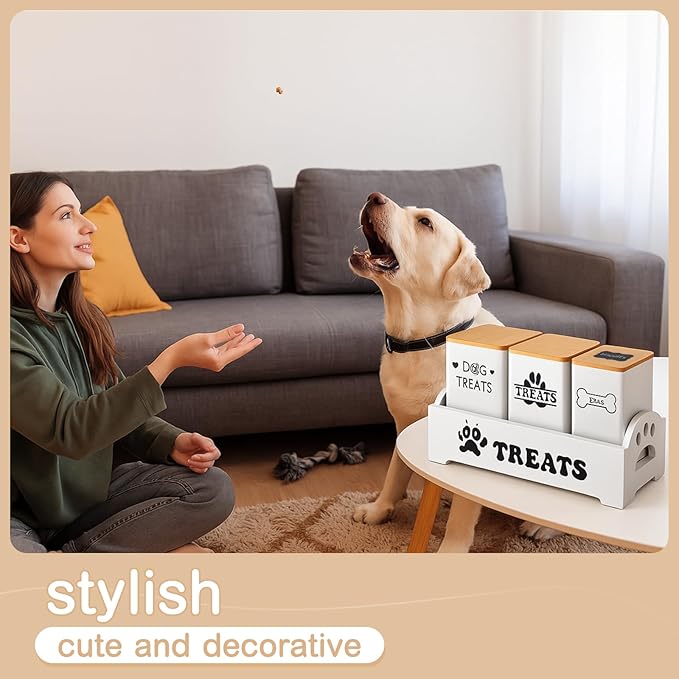Weysat Dog Treat Container Set for Countertop Includes 3 Metal Treat Jars, 1 Food Storage Tray with Sticker and Pen Farmhouse Pet Food Storage Organizer Gift for Pet Dog Owners
