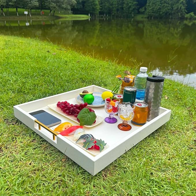 20x20 Inches Large White Faux Leather Wrapped Wood Ottoman Tray with Handles for All Occasions, Serving Food Breakfast on Bed, Home Decor Decorative, Living Room,Square Coffee Table Organizer