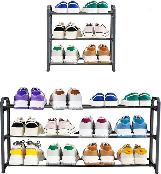 Happhom 3-Tier Expandable Shoe Organizer - Space Saver Shoe Shelf with Smart Design for Closet, Entryway and Small Spaces, Dark Grey (CSR-01)