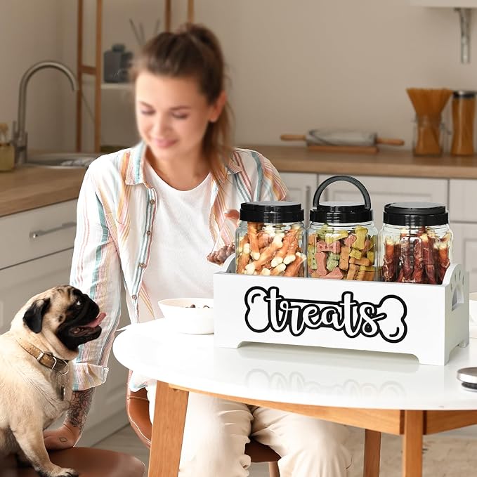 Dog Treat Container Dog Food Container for Dog Food Storage, Farmhouse Cat Food Container Pet Food Storage Organizer, Wood Dog Treat Holder with 3 Plastic Cat Dog Treat Jars, White Cat Treat Container