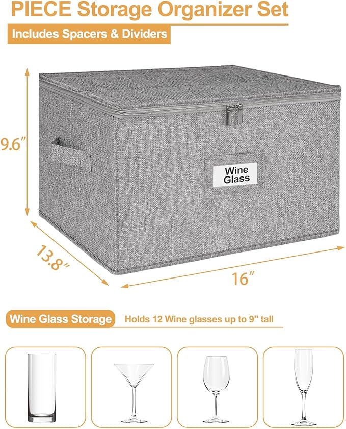 punemi Wine Glass Storage Box, Glassware Storage Containers W/Rigid Top Side Bottom Support & Padded Dividers, Stackable Stemware Storage Case for 24 China Crystal Glasses Drinkware, Moving Supplies