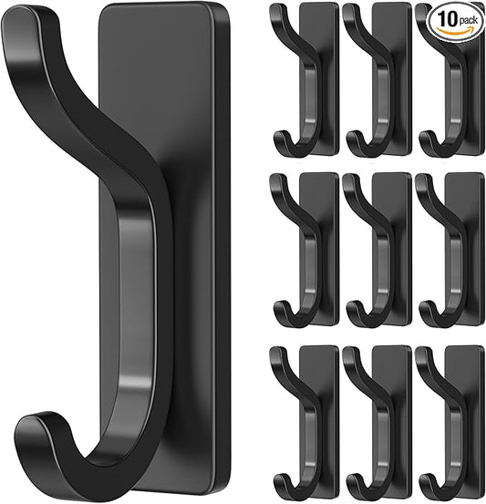 pickpiff 10-Pack Adhesive Wall Coat Hooks - Heavy Duty Stick-On Door Hanger, Metal Hook for Hanging Towel,Purse, Robe, Backpack, Jacket, Clothes - for Bathroom,Dorm, Closet, Kitchen - Black
