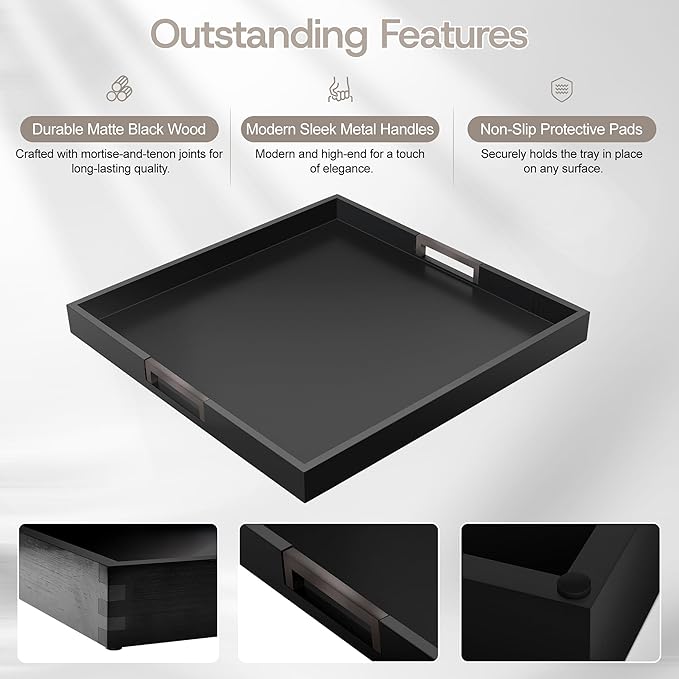 Joy&Grace Large Square Ottoman Tray for Living Room and Coffee Table 20 Inch Decorative Wooden Serving Tray with Handles for Breakfast in Bed, Dinner Food Kitchen TV (Black, 20" x 20" x 2")