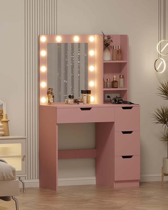 Garvee Vanity Desk with Mirror and Lights - Makeup Vanity Desk with 4 Drawers, Built-in Power Outlet & USB, Adjustable LED Lighting, Makeup Table for Bedroom (Pink)