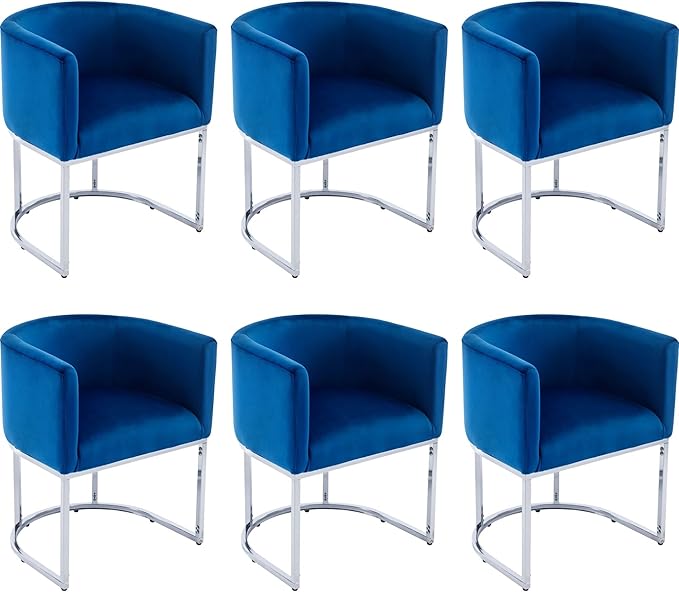 Velvet Dining Chairs Set of 6 Modern Barrel Arm Chairs with Chrome Metal Frame, Upholstered Kitchen Chairs 18.5" Wide Accent Chairs for Living Room Dining Room Restaurant, Blue